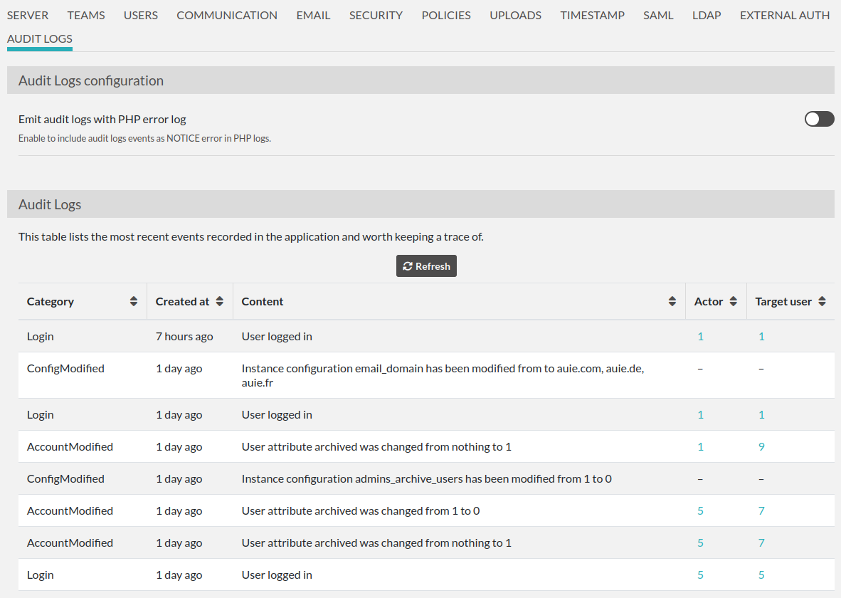 audit logs interface