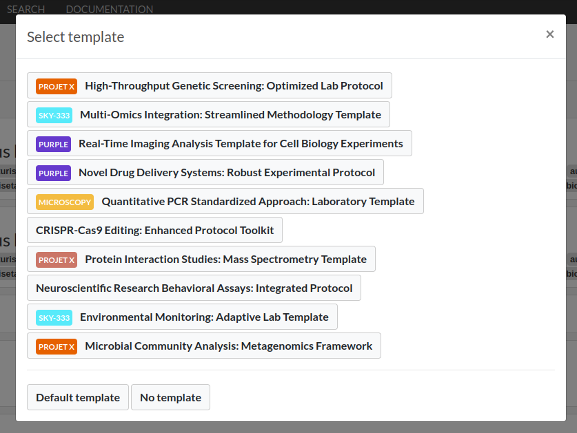 experiments templates modal window