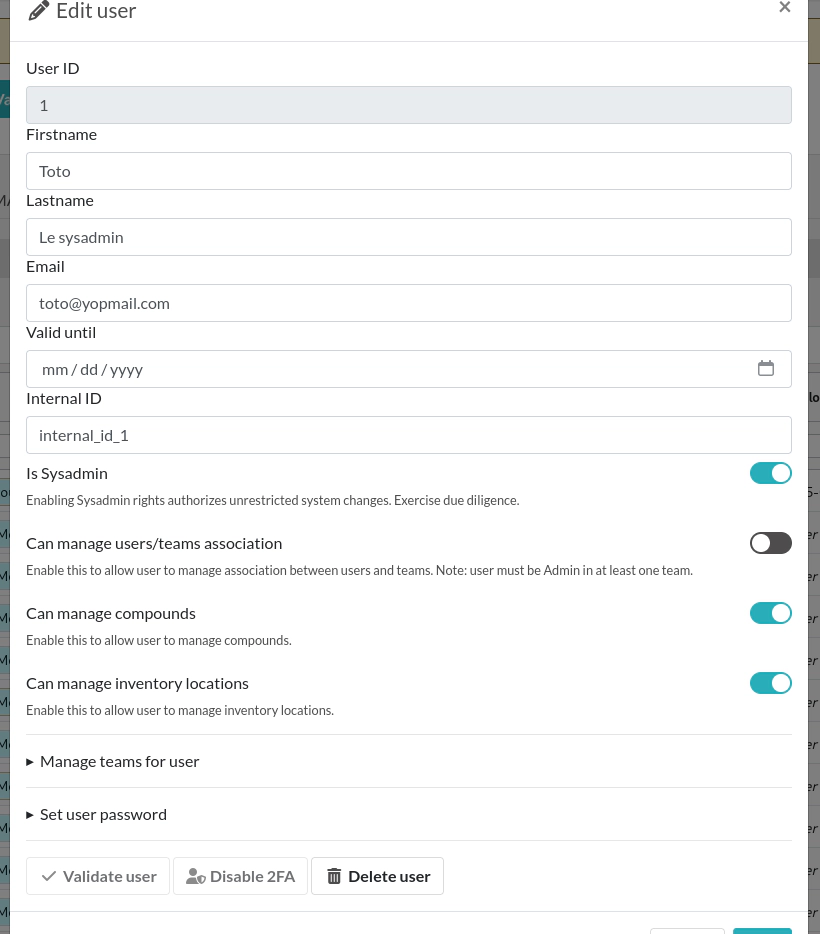 user edition modal window